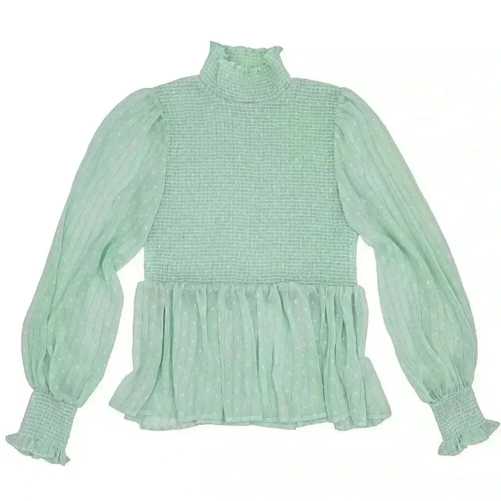 Summer Mint Scrunchy‎ Long Bishop Sleeve Blouse Size Small Boho Chic Flowy Top